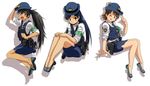  ;q ahoge awakened_miki black_hair blue_hair blush brown_hair cosplay female_service_cap ganaha_hibiki gun handgun hat highres holster hoshii_miki idolmaster idolmaster_(classic) kisaragi_chihaya kozou_(rifa) legs legs_folded long_hair looking_at_viewer multiple_girls one_eye_closed open_mouth pencil_skirt pistol police police_hat police_uniform policewoman ponytail shadow shoes short_hair simple_background skirt sleeves_pushed_up smile tongue tongue_out uniform vest weapon white_background 