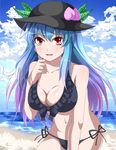  beach bikini black_bikini blue_hair breasts cleavage cloud cloudy_sky collarbone day e.o. food fruit gradient_hair hat highres hinanawi_tenshi leaf long_hair medium_breasts multicolored_hair navel open_mouth outdoors peach red_eyes side-tie_bikini sky smile solo swimsuit touhou water 