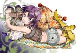  argyle argyle_legwear cellphone cuvie grin hair_ornament hairclip heart holding looking_at_viewer lying nightmare_maker on_stomach phone purple_hair short_hair shorts silver_eyes smile solo thighhighs yellow_legwear 