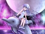  blue_eyes blue_hair dolphin dress hat ikamusume long_hair riding shinryaku!_ikamusume tentacle_hair tooi_aoiro 