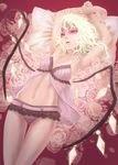  akai_kitsune arms_up babydoll bad_id bad_pixiv_id blonde_hair colored_eyelashes flandre_scarlet flower highres lace lace-trimmed_panties lingerie lying messy_hair midriff navel on_back panties parted_lips pillow pink_eyes pink_flower pink_panties pink_rose rose solo touhou underwear underwear_only wings 