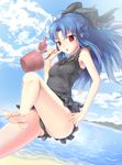  b.ren barefoot beach blue_hair breasts bucket casual_one-piece_swimsuit half_updo len long_hair melty_blood ocean one-piece_swimsuit red_eyes small_breasts soles swimsuit trowel tsukihime 