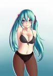  absurdres aqua_hair arms_behind_back bad_id bad_pixiv_id blue_eyes bra hatsune_miku highres long_hair looking_at_viewer navel panties panties_under_pantyhose pantyhose solo twintails underwear underwear_only vocaloid yin-ting_tian 