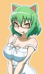  :p animal_ears bare_arms bare_shoulders bespectacled blush breasts cat_ears cleavage collarbone commentary_request dress glasses green_hair haganemaru_kennosuke hikage_(senran_kagura) large_breasts looking_at_viewer outline red-framed_eyewear semi-rimless_eyewear senran_kagura senran_kagura_shoujo-tachi_no_shin'ei short_hair sleeveless slit_pupils solo strap_slip tongue tongue_out under-rim_eyewear upper_body v_arms white_dress yellow_eyes 