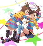  brown_eyes brown_hair futami_ami futami_mami grin idolmaster idolmaster_(classic) moai_(aoh) multiple_girls siblings side_ponytail smile twins v 