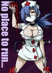  1girl aruse_yuushi blood blue_hair breasts cleavage iv_bag nurse red_eyes saw skullgirls symbol-shaped_pupils valentine_(skullgirls) 