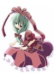  arm_ribbon bad_id bad_pixiv_id bow bowing front_ponytail green_eyes green_hair hair_bow hair_ornament hair_ribbon highres hujikok kagiyama_hina light_smile long_hair ribbon short_sleeves simple_background skirt_hold solo touhou white_background 