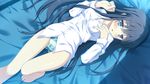  alcot bed black_hair erect_nipples game_cg hondou_ayano long_hair naka_no_hito_nado_inai narumi_yuu panties striped_panties underwear 