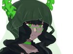  black_hair black_rock_shooter closed_mouth collarbone dead_master face gazacy_(dai) glasses glowing glowing_eyes green_eyes horns long_hair ringed_eyes smile solo veil 