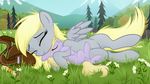  blonde_hair cub cute daytime derpy_hooves_(mlp) dinky_hooves_(mlp) equine eyes_closed female feral flower forest friendship_is_magic fur grass grey_fur hair hi_res horn horse hug junglepony lying mailbag mammal mountain my_little_pony outside parent pegasus pony purple_fur scroll sleeping tree unicorn wings young 