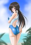  adjusting_clothes adjusting_swimsuit ass back bangs beach black_hair blue_swimsuit blush breast_hold breasts cloud competition_swimsuit day embarrassed from_behind frown hair_ribbon large_breasts leaf long_hair looking_at_viewer looking_back misnon_the_great muvluv muvluv_alternative muvluv_total_eclipse nose_blush ocean one-piece_swimsuit outdoors purple_eyes raised_eyebrows ribbon sky solo swimsuit takamura_yui tress_ribbon very_long_hair white_swimsuit 