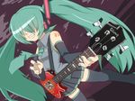  bass_guitar detached_sleeves gazacy_(dai) gibson green_hair grin guitar hatsune_miku headphones instrument les_paul long_hair necktie smile solo thighhighs twintails vocaloid wide_sleeves 