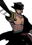  1boy bandanna earrings haramaki jewelry m_mym male male_focus muscle one-eyed one_piece open_clothes open_shirt robe roronoa_zoro sash scar shirt simple_background solo sword weapon 