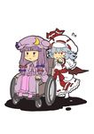  :&lt; bow crescent curiosities_of_lotus_asia frills frown hat hat_bow jitome multiple_girls patchouli_knowledge purple_eyes purple_hair red_eyes remilia_scarlet silver_hair simple_background sitting skirt touhou wheelchair white_background wings yagimiwa 