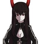  black_gold_saw black_hair black_rock_shooter breasts cleavage face gazacy_(dai) horns long_hair long_sleeves medium_breasts red_eyes ringed_eyes solo white_background 