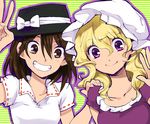  blonde_hair brown_eyes brown_hair collarbone dress grin hand_on_shoulder hat hat_ribbon looking_at_viewer maribel_hearn multiple_girls purple_dress purple_eyes ribbon shinoasa shirt short_sleeves smile touhou upper_body usami_renko waving 