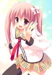  :d black_legwear blush bow hair_bow long_hair looking_at_viewer open_mouth original pink_eyes pink_hair sakura_mikan_(chirizakura) skirt smile solo thighhighs twintails v w 