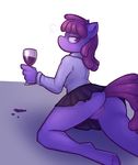  alcohol anthro anthrofied berry_punch_(mlp) beverage bottomless butt clothed clothing cutie_mark equine female friendship_is_magic glass hair half-dressed horse jerinov long_hair looking_at_viewer mammal my_little_pony pony purple_eyes pussy shirt skirt solo unknown_artist wine 