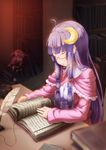 ahoge bespectacled blurry book closed_eyes crescent crescent_hair_ornament cup depth_of_field dress glasses hair_ornament hair_ribbon koakuma minigirl multiple_girls patchouli_knowledge puem purple_hair quill red_hair ribbon sitting sleeping teacup touhou 