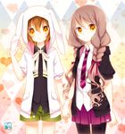  1girl :o akane_(goma) akira_(goma) animal_ears animal_hood argyle argyle_background black_legwear braid brother_and_sister brown_eyes brown_hair bunny_ears bunny_hood goma_(11zihisin) hair_ribbon holding_hands hood hoodie looking_at_viewer necktie open_mouth original otoko_no_ko pantyhose pleated_skirt ribbon short_hair shorts siblings skirt twin_braids twins 