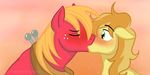  blush braeburn_(mlp) couple duo equine eyes_closed feral freckles friendship_is_magic fur gay green_eyes hair hasana-chan horse kissing male mammal my_little_pony orange_hair plain_background pony red_fur signature two_tone_hair yoke 