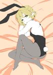  animal_ears bare_shoulders black_legwear blonde_hair breasts bunny_ears bunny_tail bunnysuit error green_eyes hasebe_yuusaku looking_at_viewer lying mizuhashi_parsee on_side pale_skin pantyhose pointy_ears short_hair small_breasts solo tail touhou 