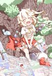  :d alternate_wings bird blonde_hair bloomers blush branch closed_eyes fang fish flandre_scarlet happy hat hat_removed headwear_removed highres in_tree long_hair open_mouth shoes_removed shunsuke side_ponytail sitting sitting_in_tree smile soaking_feet solo touhou tree underwear water wings 