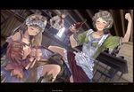  3girls :o apron arm_up atelier_(series) atelier_totori blush boots bottle brown_hair chair closed_eyes dress drunk filly_erhard hair_ornament hairclip happy iksel_jahnn kishida_mel long_hair multiple_girls official_art short_hair table tears tiffani_hildebrand totooria_helmold 