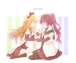  blonde_hair blush closed_eyes highres long_hair long_sleeves multiple_girls nanamori_school_uniform purple_eyes school_uniform serafuku short_over_long_sleeves short_sleeves sugiura_ayano toshinou_kyouko utsurogi_angu yuru_yuri 