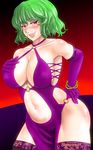 :p alternate_costume blush breasts cleavage cosplay dead_or_alive elbow_gloves fang gloves green_hair hand_on_hip highres kazami_yuuka lace lace-trimmed_thighhighs large_breasts lei_fang lei_fang_(cosplay) naughty_face navel ototarou pelvic_curtain purple_legwear red_eyes short_hair sideboob solo thighhighs tongue tongue_out touhou 