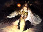  arm_cannon black_wings breasts brown_eyes brown_hair cloud flying geppewi highres long_hair medium_breasts navel no_bra open_clothes open_shirt reiuji_utsuho shirt skirt solo thighhighs touhou weapon wings zettai_ryouiki 