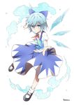  &gt;:) artist_name blue_eyes blue_hair blush bow cirno dress full_body hair_bow ice ice_wings looking_at_viewer mary_janes outstretched_arm revision shoes short_hair simple_background smile socks solo touhou v-shaped_eyebrows white_background white_legwear wings yutamaro 