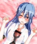  1girl blue_hair censored cum facial hetero hinanawi_tenshi long_hair naizuri paizuri paizuri_under_clothes penis red_eyes solo_focus takorice touhou 