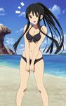  akiyama_mio artist_request beach bikini black_bikini black_eyes black_hair breast_squeeze breasts cleavage day front-tie_top highres k-on! long_hair medium_breasts navel ocean outdoors ponytail solo swimsuit third-party_edit water 