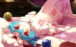  barefoot bed blue_hair chinchickrin choker fan fang fish flat_chest floral_print goldfish groin hat highres image_sample japanese_clothes kimono lying md5_mismatch obi open_clothes pixiv_sample red_eyes remilia_scarlet sash short_hair slit_pupils solo touhou undressing upside-down water_yoyo yukata 
