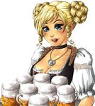  alcohol barmaid bavarian beer beer_mug blonde_hair blue_eyes breasts cleavage copyright_request curly_hair dirndl double_bun german_clothes jewelry large_breasts lips locks lowres marie_sann necklace oktoberfest puffy_sleeves solo 