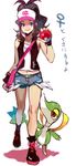  bad_id bad_pixiv_id blue_eyes brown_hair denim denim_shorts exposed_pocket hat pokemon pokemon_(creature) pokemon_(game) pokemon_bw ponytail shorts snivy solo taira touko_(pokemon) 