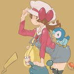  bag brown_eyes brown_hair cabbie_hat cameo gen_1_pokemon gen_2_pokemon gen_4_pokemon hat hat_ribbon kotone_(pokemon) marill overalls pikachu piplup poke_ball poke_ball_(generic) pokegear pokemon pokemon_(creature) pokemon_(game) pokemon_hgss red_ribbon ribbon smile thighhighs twintails yuuki_(irodo_rhythm) 