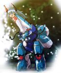  blue_hair blush fang fusion grin happy legs long_hair md5_mismatch mecha mecha_musume open_mouth original parody smile solo sonjow4 star 