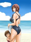  age_difference ass beach braid breasts brown_eyes brown_hair child competition_swimsuit day futon_suki hug large_breasts mature mother_and_daughter multiple_girls ocean one-piece_swimsuit original smile sweat swimsuit towel 