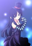  akiyama_mio bare_shoulders black_eyes black_hair bow breasts cleavage don't_say_&quot;lazy&quot; dress fingerless_gloves gloves hat k-on! ka2 long_hair medium_breasts mini_hat mini_top_hat solo stage_lights top_hat 