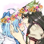  blush cirno face flower hand_on_another's_face head_wreath imminent_kiss multiple_girls nanami_(nanami811) profile reiuji_utsuho sweat sweatdrop touching touhou wreath yuri 