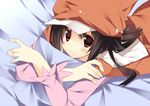  bakemonogatari bed_sheet brown_eyes brown_hair cabbie_hat hat kuwashima_rein monogatari_(series) pillow sengoku_nadeko solo 