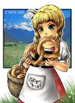  apron basket blonde_hair blush braid cloud corset cow day food grass green_eyes hair_ribbon marie_sann mountain mouth_hold pretzel ribbon sky solo 