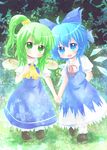  ahoge blue_eyes blue_hair blush child cirno daiyousei fang green_eyes green_hair hand_on_own_chest holding_hands multiple_girls open_mouth side_ponytail smile touhou wings yuya_(minus-k) 