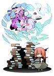  bat_wings blindfold book bubble chibi cup floating head_wings ink koakuma long_hair multiple_girls nose_bubble nyuusankin open_mouth patchouli_knowledge pen plate purple_hair red_eyes red_hair sleeping teacup touhou wings 