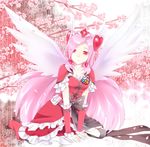  alternate_costume angel_wings ayamoto boots bow cherry_blossoms choker cure_angel_(fresh_precure!) cure_passion dress earrings flower fresh_precure! hair_ornament head_wings heart heart_hair_ornament higashi_setsuna jewelry kneeling long_hair magical_girl petals pink_hair pouch precure red_eyes solo tiara tree white_choker wings 