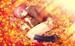  akizora_ni_mau_confetti autumn autumn_leaves blazer game_cg jacket kanae_(akizora) kneehighs leaf legs light_rays loafers long_legs lying maple_leaf on_side plaid plaid_skirt red_hair school_uniform shoes skirt socks solo sunbeam sunlight thighs ueda_ryou 