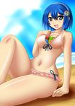  7-tan :d arm_support bad_id bad_pixiv_id banned_artist beach bikini blue_eyes blue_hair breasts cleavage day frilled_bikini frills front-tie_top hair_ornament hairband legs long_legs madobe_nanami medium_breasts multicolored multicolored_eyes navel ocean open_mouth os-tan shin'en_(gyokuro_company) shiny shiny_skin short_hair side-tie_bikini sideboob sitting smile solo swimsuit thighs water windows 