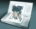  ao_usagi bow brown_eyes brown_hair chin_rest detached_sleeves hair_bow hakurei_reimu handheld_game_console hands_clasped hologram long_hair minigirl nintendo_3ds nintendo_ds_lite own_hands_together product_placement smile solo through_screen touhou 